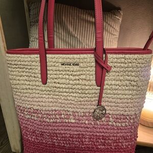 Michael Kors Pink Ombre Straw Tote with Leather Trim